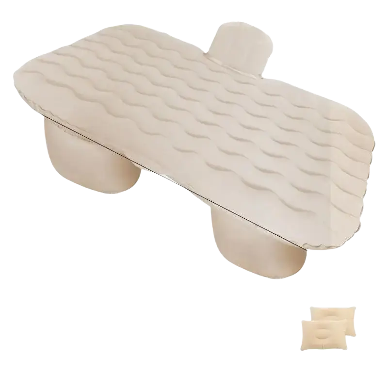 Beige inflatable car bed with wavy textured surface and two built-in side pillows for backseat travel comfort