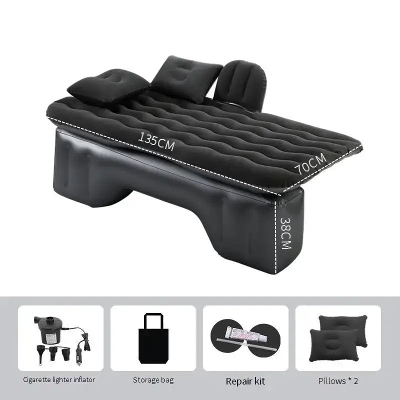 Black inflatable car bed with built-in side supports and two attached pillows for backseat travel comfort