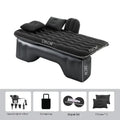 Black inflatable car bed with built-in side supports and two attached pillows for backseat travel comfort