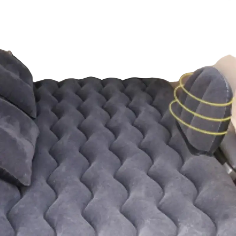 Dark gray inflatable car bed mattress with quilted cushiony texture and built-in headrests for backseat travel