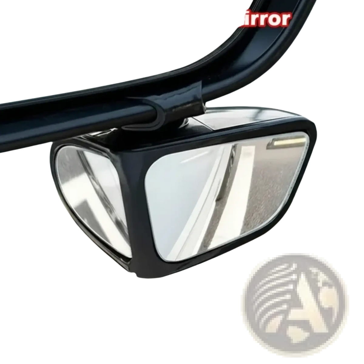 Black-framed car blind spot mirror with reflective surface and 360-degree rotation adjustable for enhanced safety