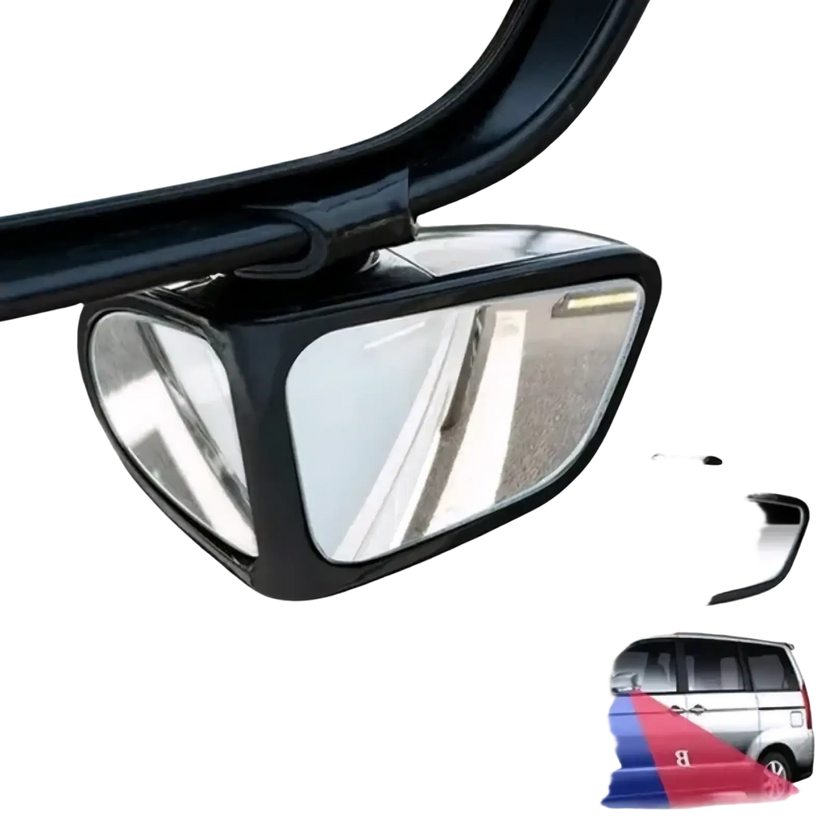 Black plastic car blind spot mirror with 360 rotation and dual reflective surfaces for enhanced visibility