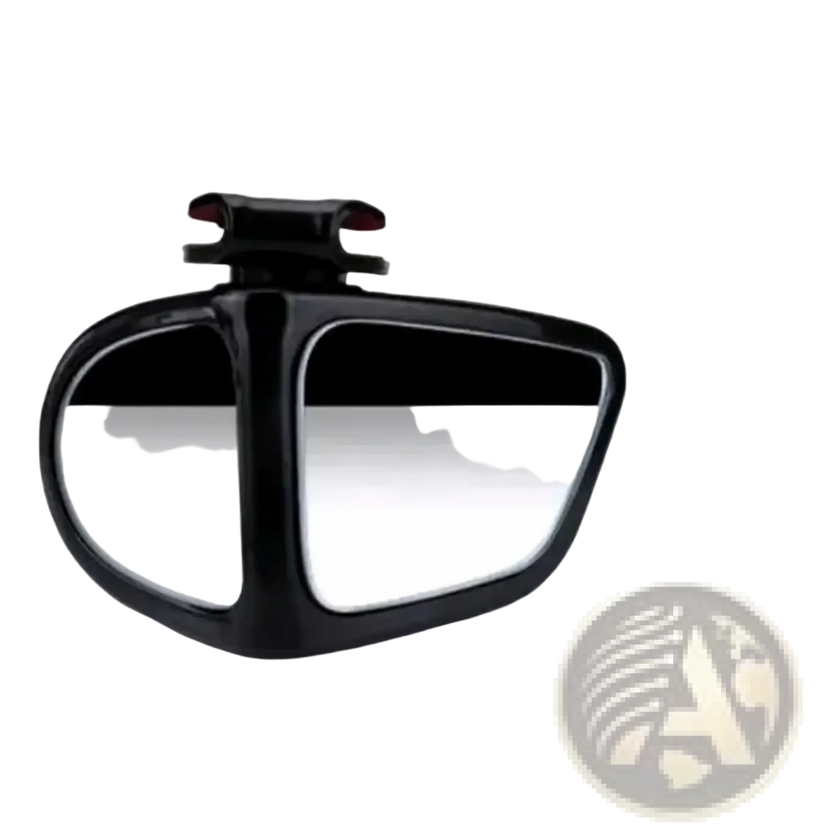 Black plastic car blind spot mirror with two reflective lenses and clip-on mount showing the back side of the product