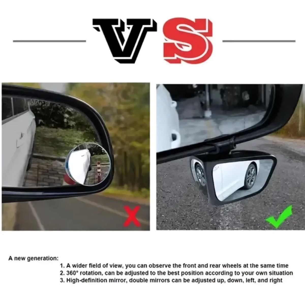 Black and silver adjustable car blind spot mirror with 360 rotation design for enhanced visibility and safety
