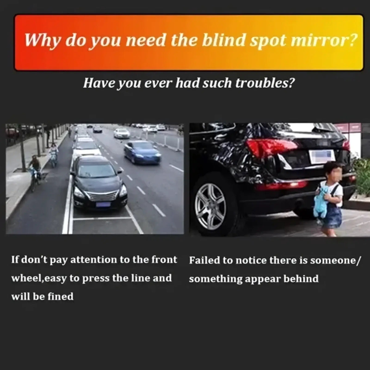 Back view of a black suv with damaged rear bumper illustrating the use of a 360 rotation adjustable car blind spot mirror