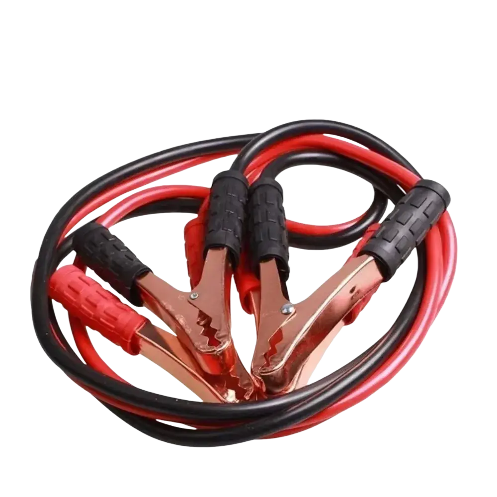 Red and black 500a car booster jump start cables with textured rubber grips for battery clamps use