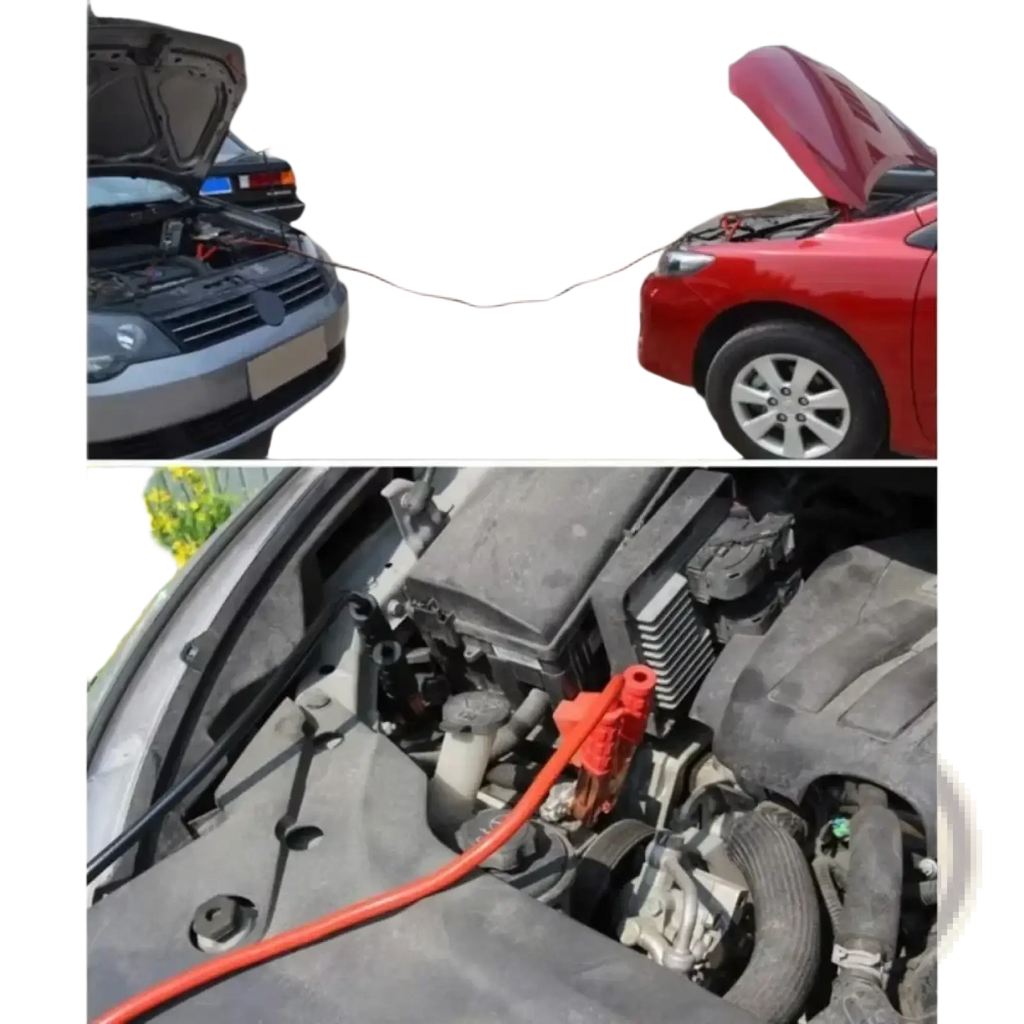 Orange car booster cables 500a battery jumper clamps with red insulated clamps connected to a car engine