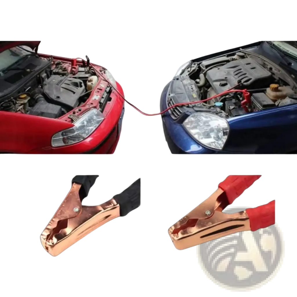 Red and black insulated car booster cables with copper metal jaws for 500a battery jumper clamps use