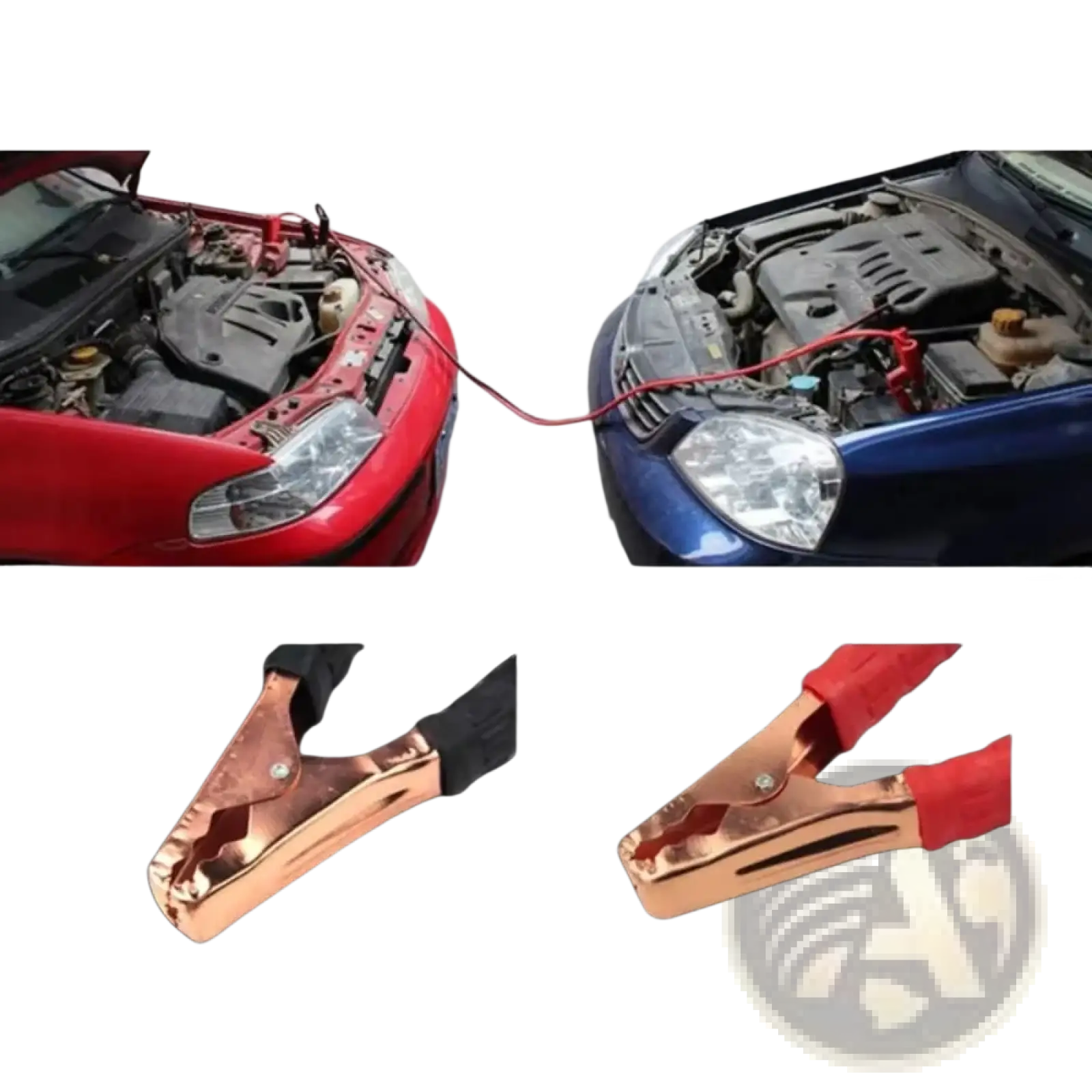 Red and black insulated car booster cables with copper metal jaws for 500a battery jumper clamps use