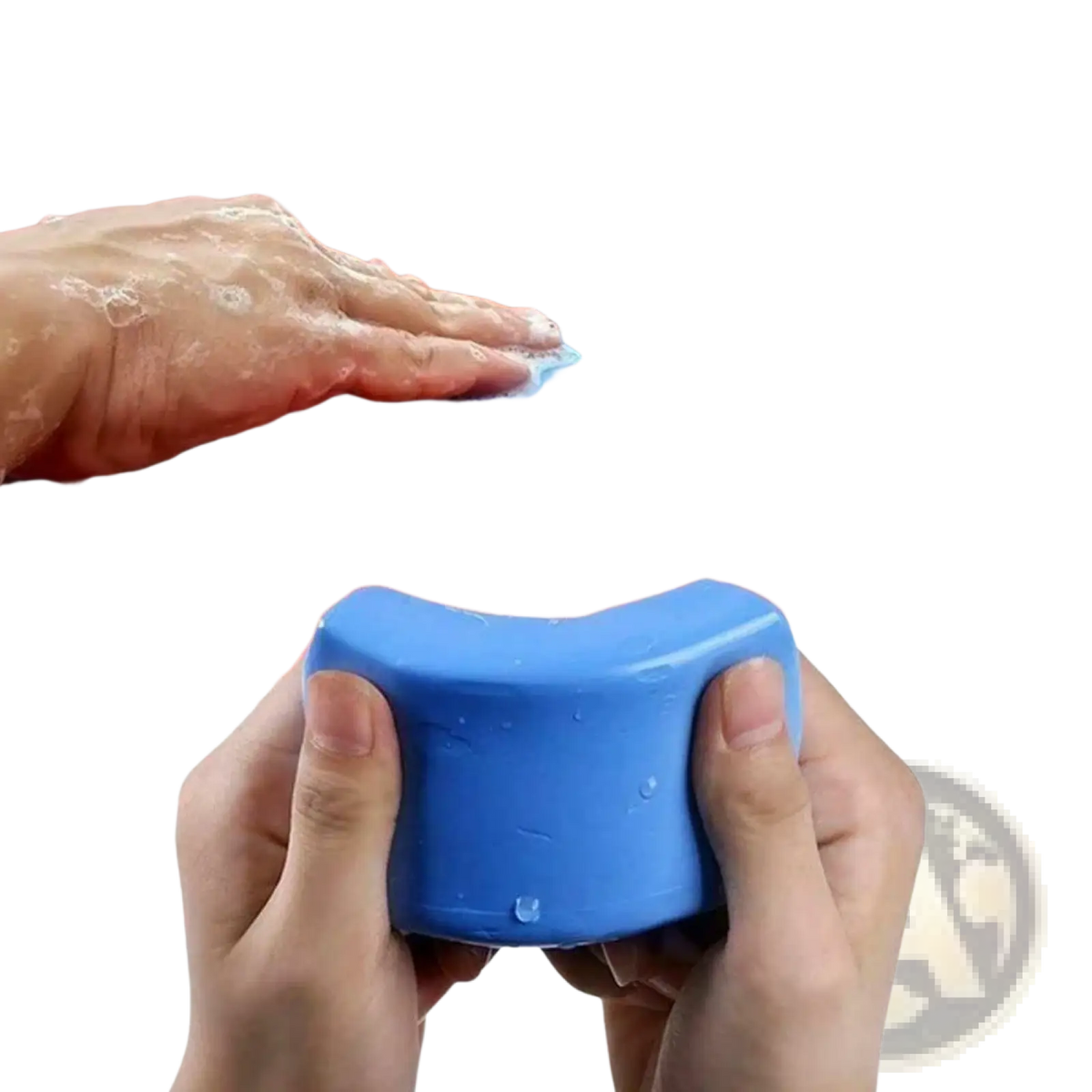 Blue flexible car wash sponge used to clean a red vehicle hood in a car clay bar 3 pack detailing mud cleaner set