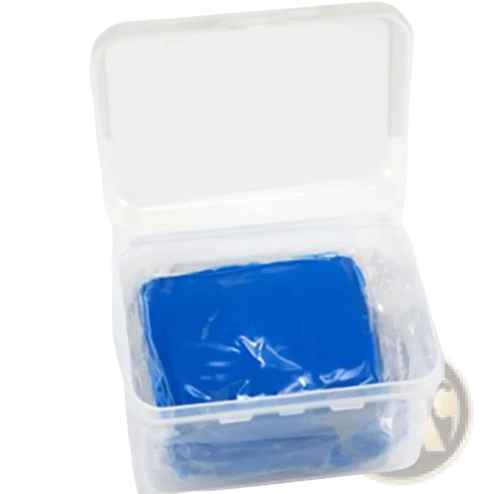 A vibrant blue rectangular car clay bar made of modeling clay inside a clear plastic container for detailing use