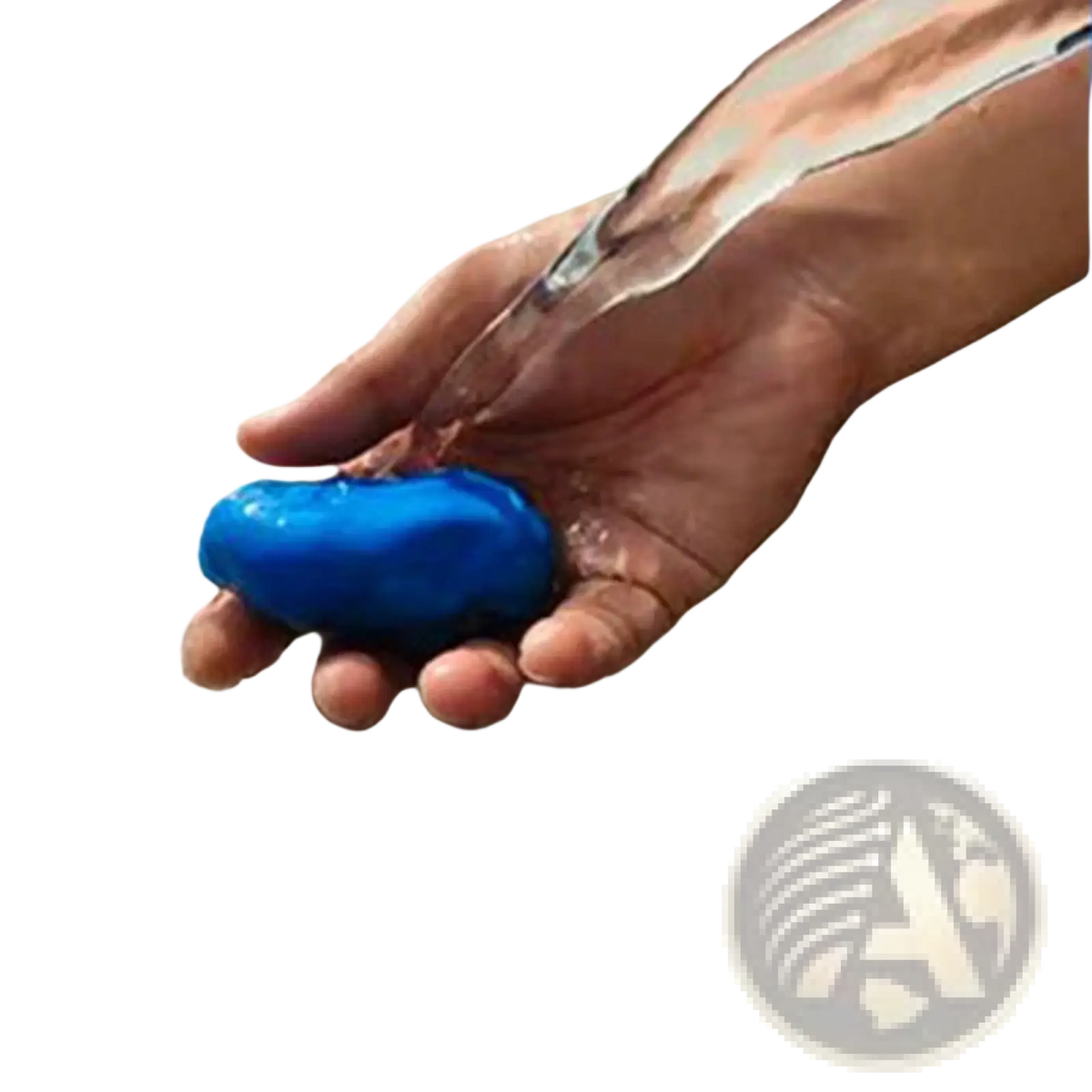 A vibrant blue smooth oval-shaped car clay bar being rinsed as part of a 3 pack detailing mud cleaner set
