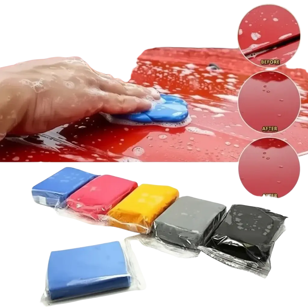 Blue car cleaning clay bar in clear plastic packaging with 100g net weight for car detailing use