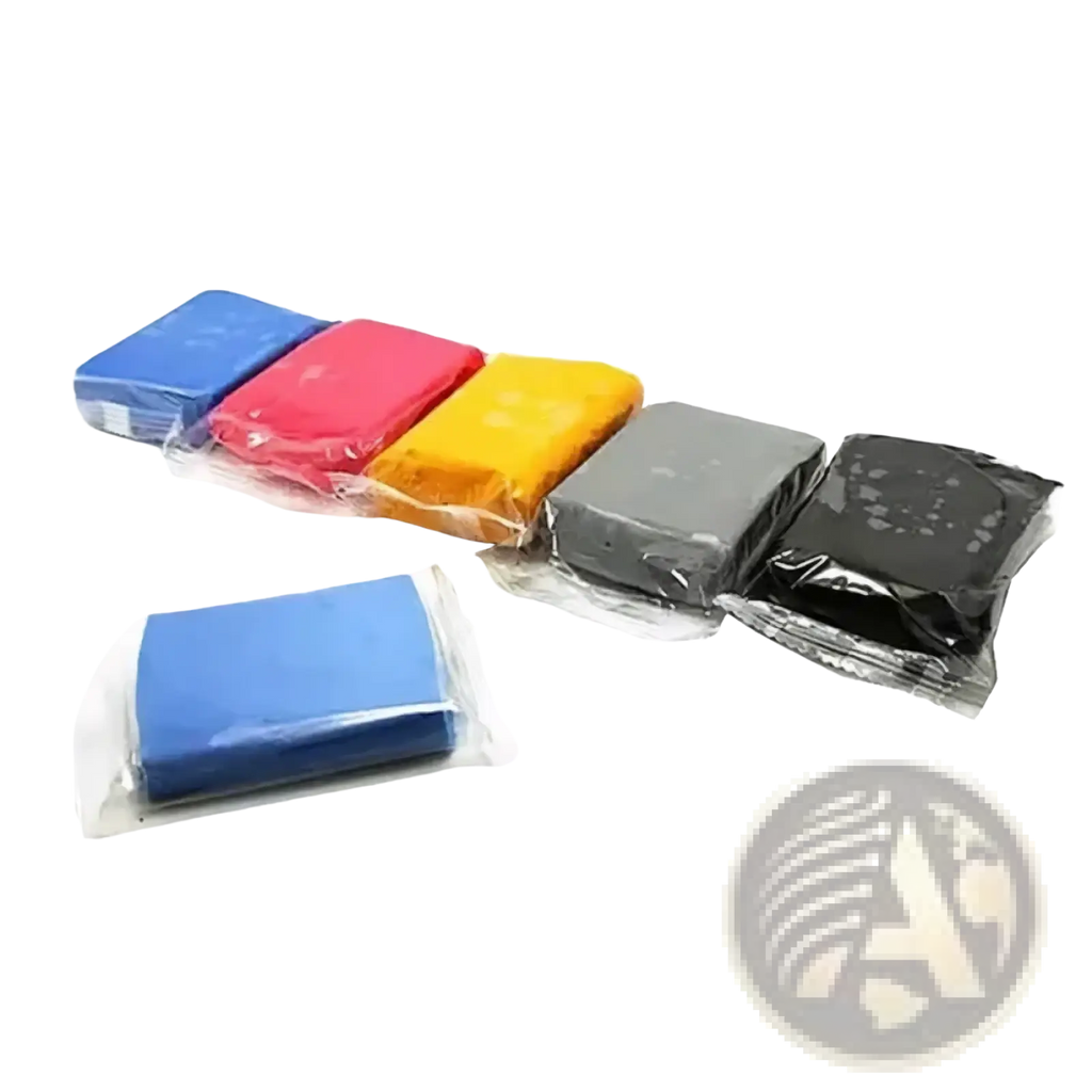Five individually wrapped blue red orange grey and black car cleaning clay bars 100g detailing sponges