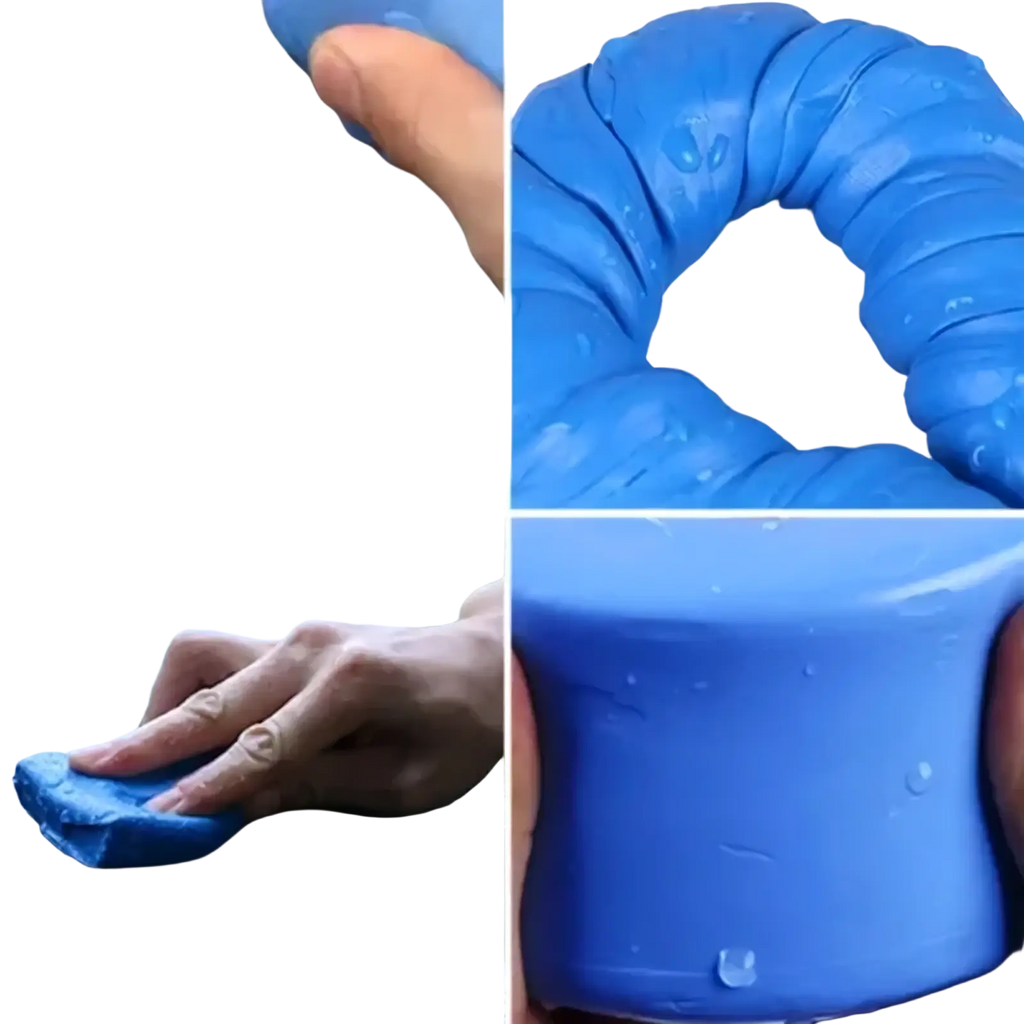 Blue flexible sponge made of clay for car cleaning and detailing weighing 100g shown from the back side