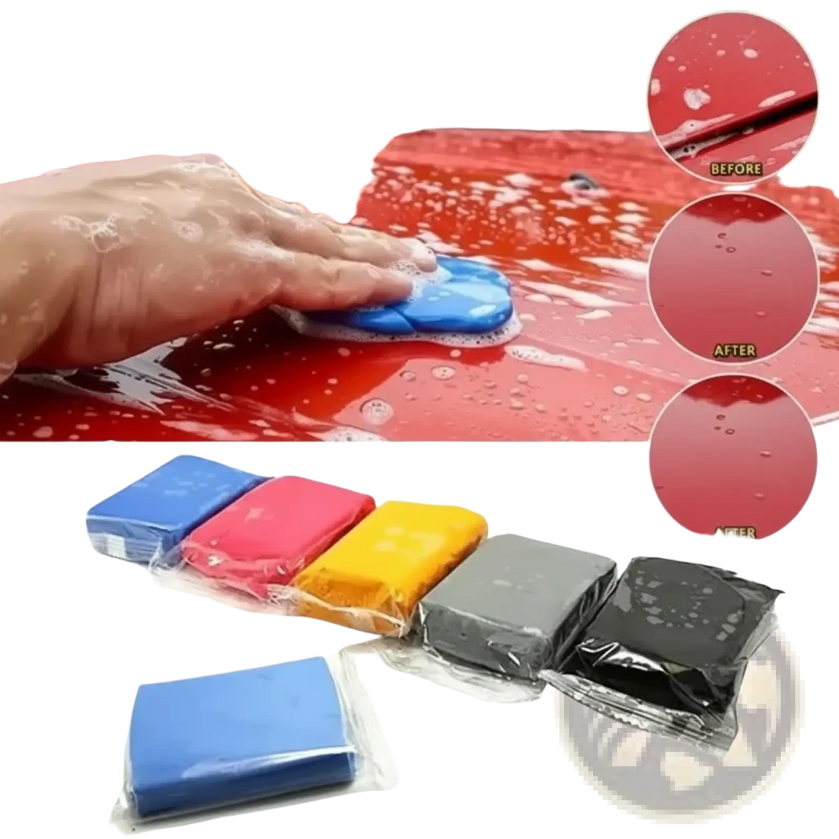Blue car cleaning clay bar in clear plastic packaging with 100g net weight for car detailing use