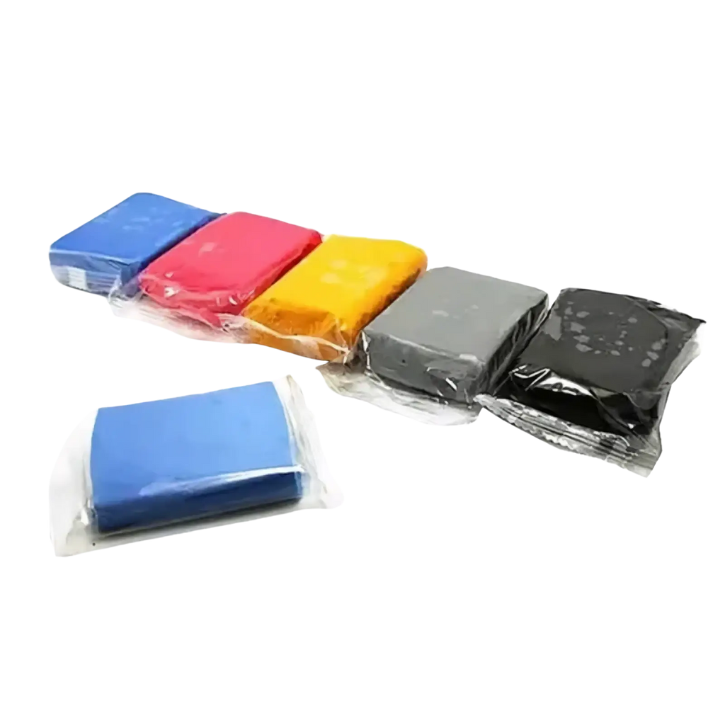 Five individually wrapped blue red orange grey and black car cleaning clay bars 100g detailing sponges
