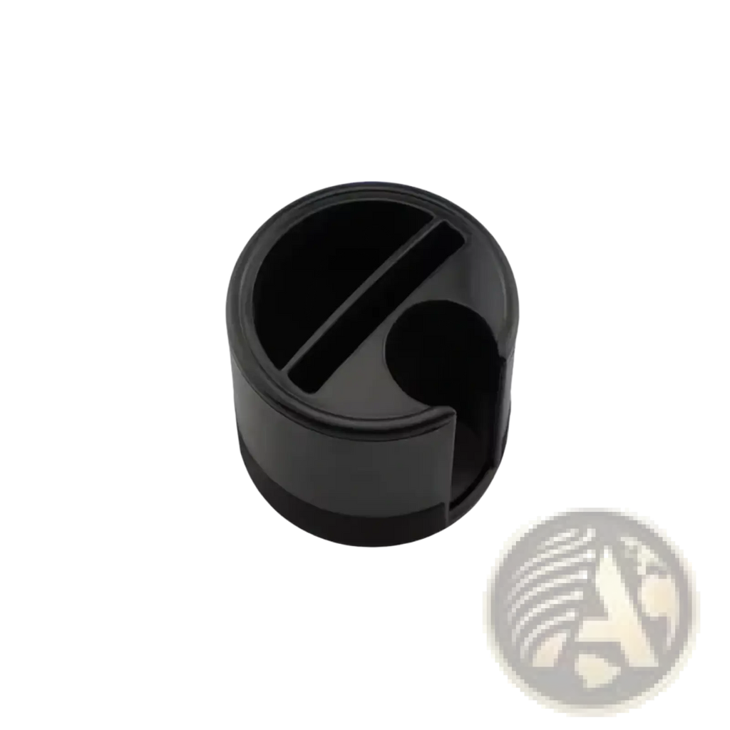Black cylindrical plastic car coin card organizer holder with circular cutout and internal slot design for storage
