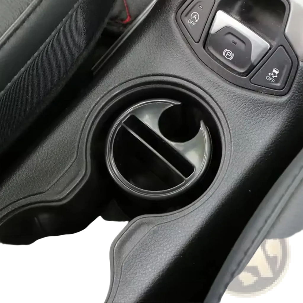 Black plastic car coin card organizer holder with sleek curved design and integrated divider for cup holder storage