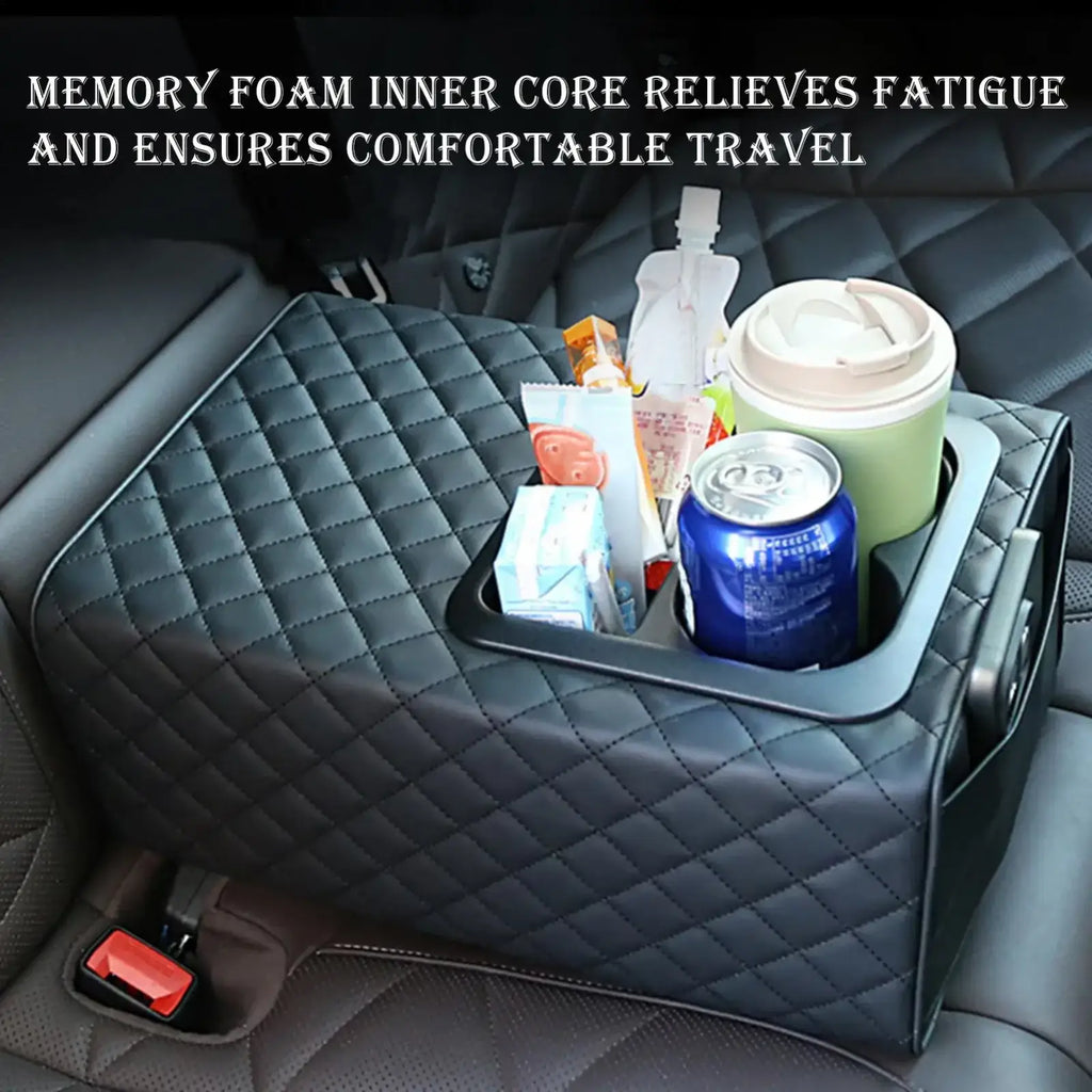 Black quilted memory foam car console organizer tray with built-in cup holders and side pocket for storage