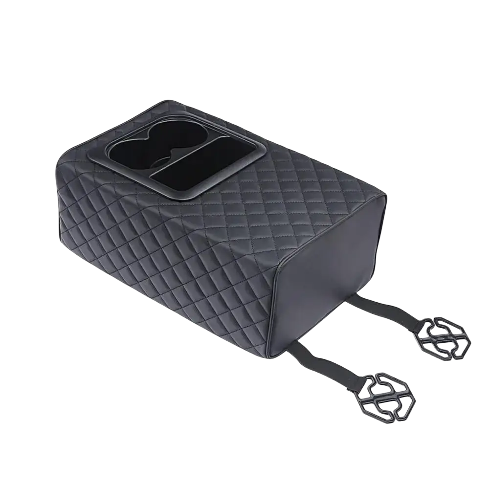 Black quilted memory foam car console organizer with two cup holders and adjustable straps for secure fit