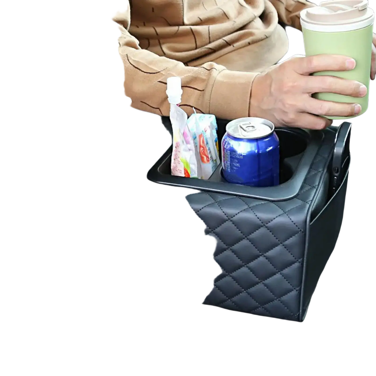 Black quilted car console organizer with built-in cup holder memory foam and multiple storage compartments