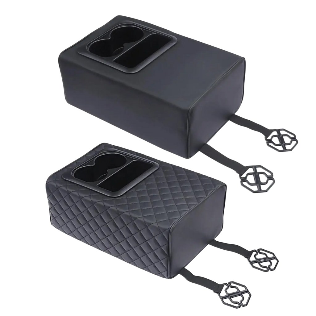 Black quilted memory foam car console organizer with two cup holders and adjustable straps for secure placement
