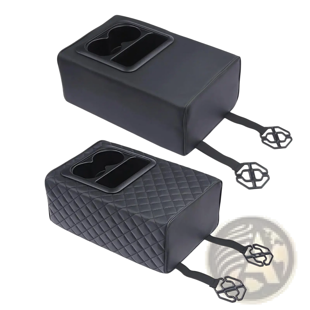 Black quilted memory foam car console organizer with two cup holders and adjustable straps for secure placement