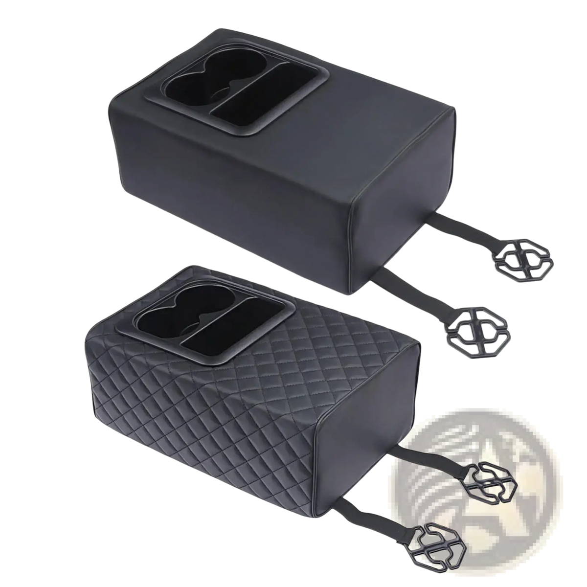 Black quilted memory foam car console organizer with two cup holders and adjustable straps for secure placement