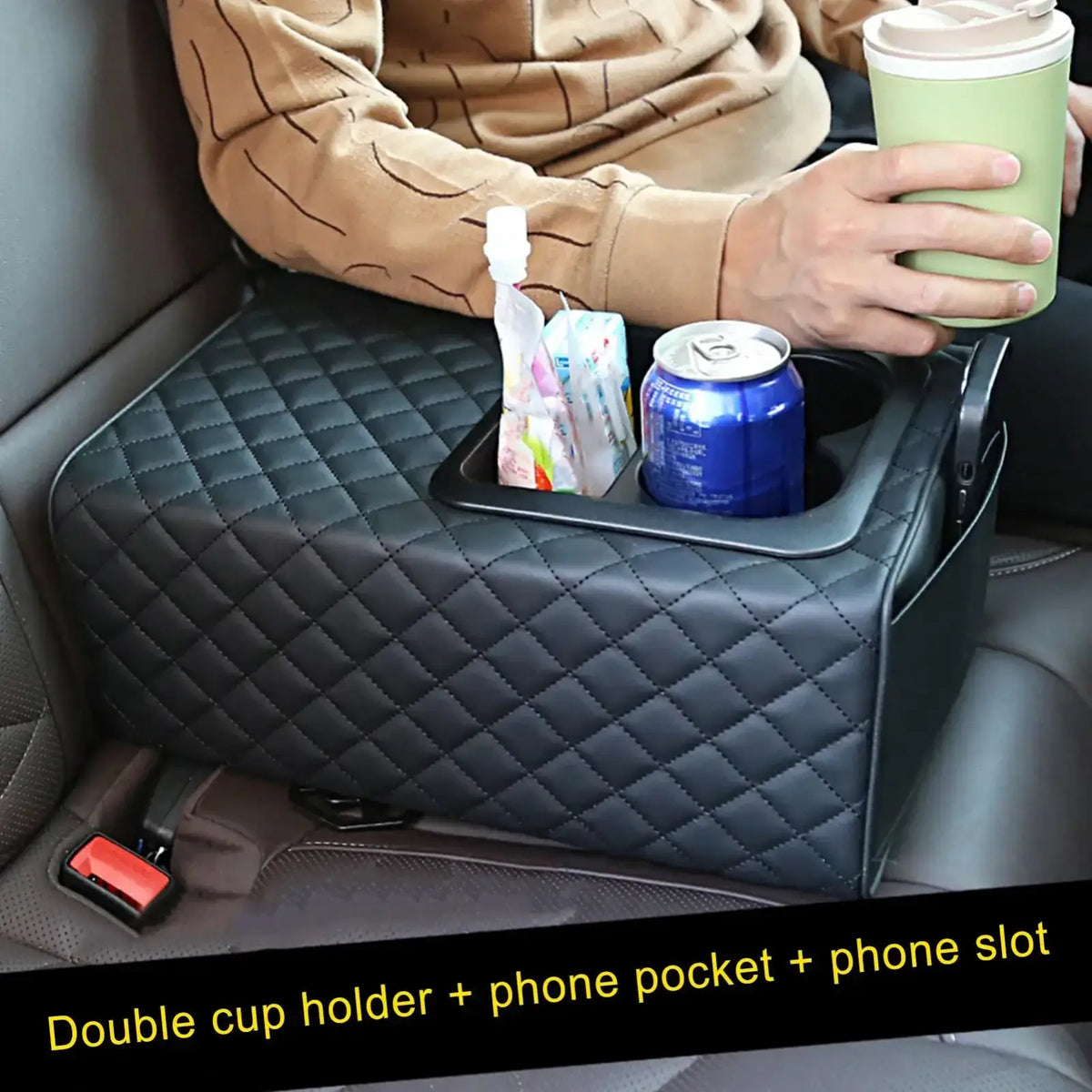 Black quilted leather car console organizer with memory foam double cup holders phone pocket and phone slot