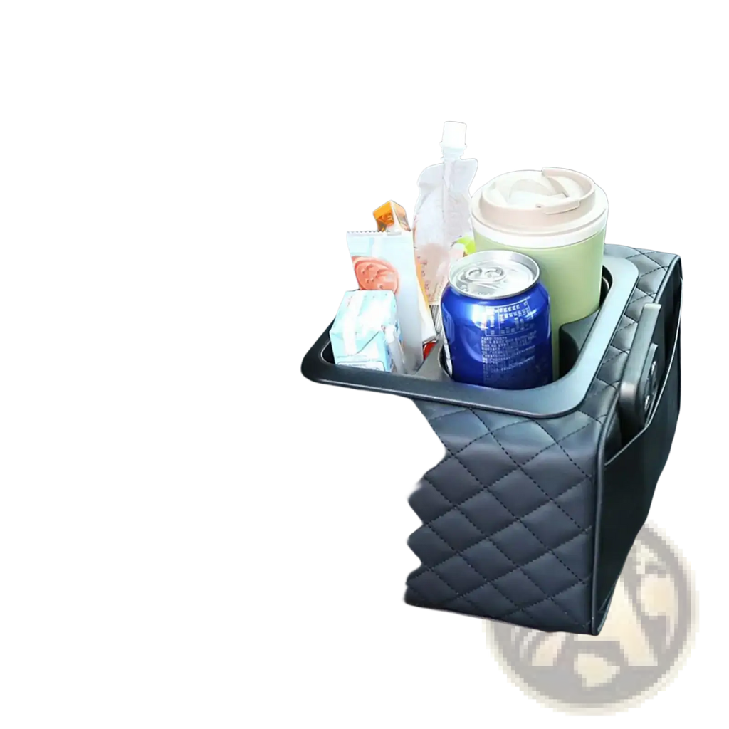 Black quilted leather car console organizer with built-in tray holding drinks and snacks and memory foam cushioning