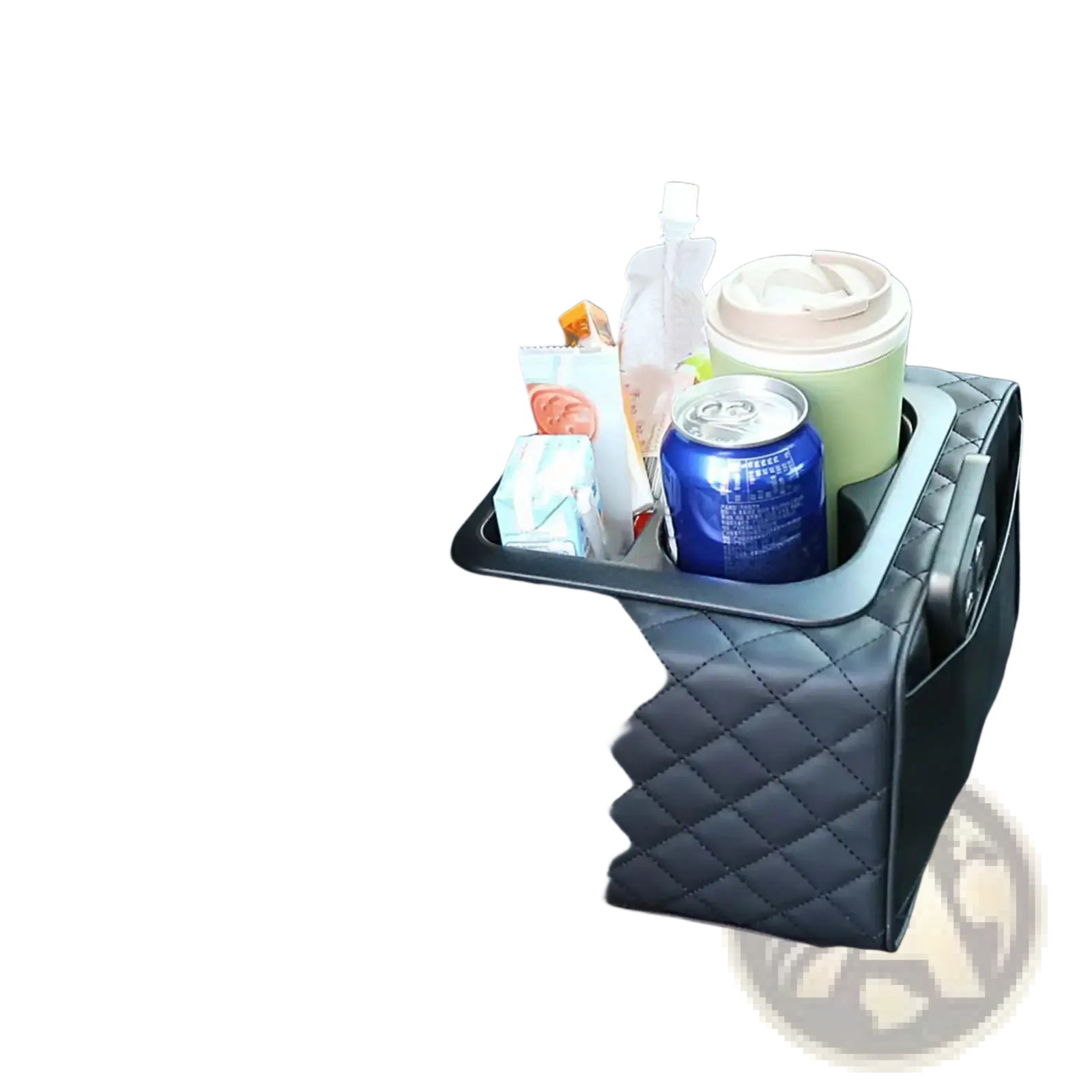 Black quilted leather car console organizer with built-in tray holding drinks and snacks and memory foam cushioning