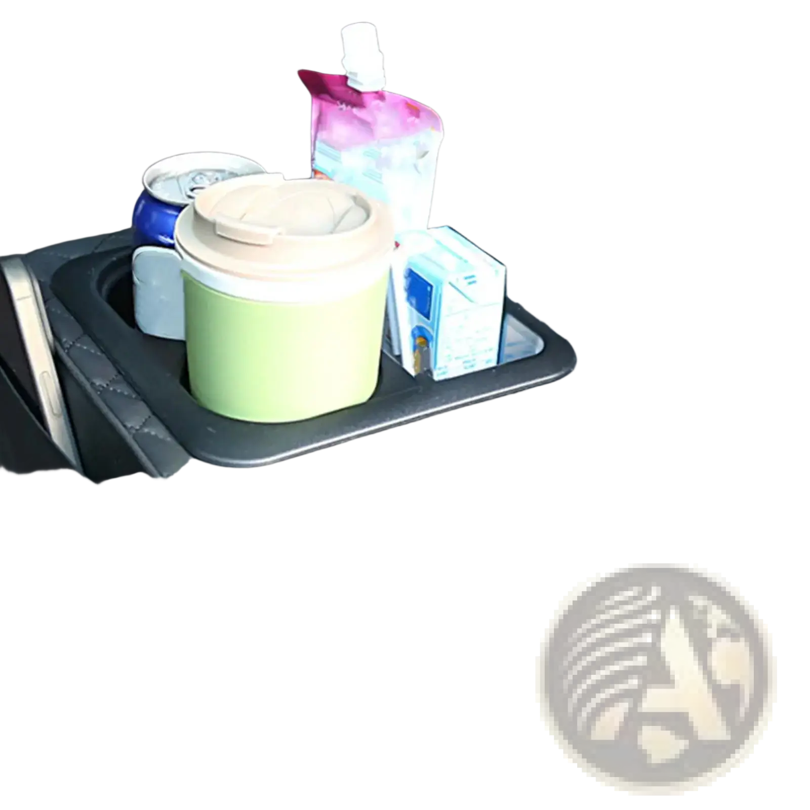Black quilted leather car console organizer tray with built-in cup holders and memory foam storage compartments