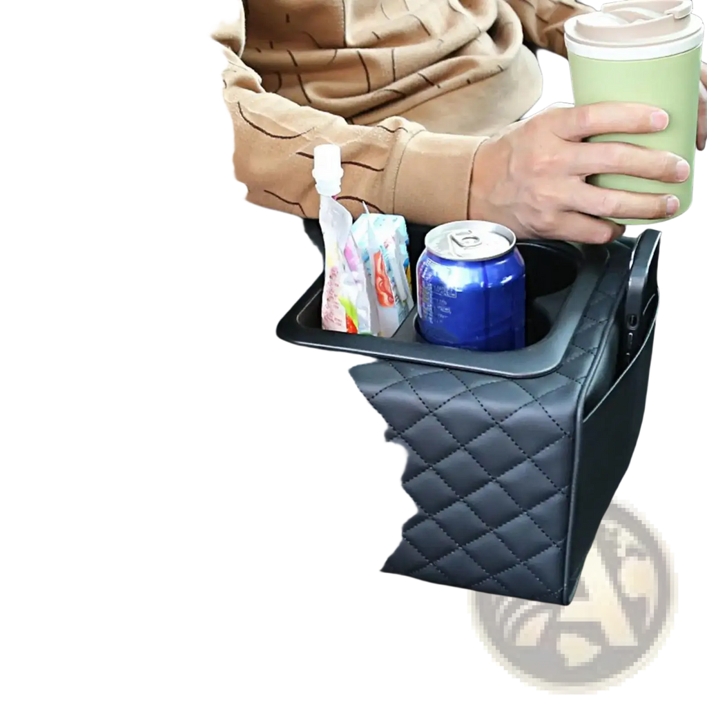 Black quilted car console organizer with built-in cup holder memory foam and multiple storage compartments
