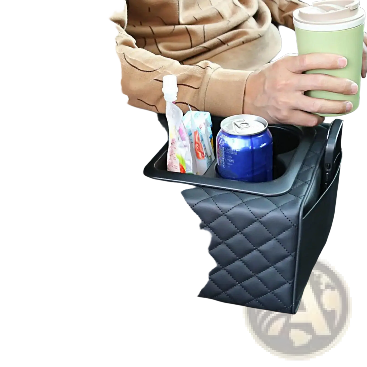 Black quilted car console organizer with built-in cup holder memory foam and multiple storage compartments