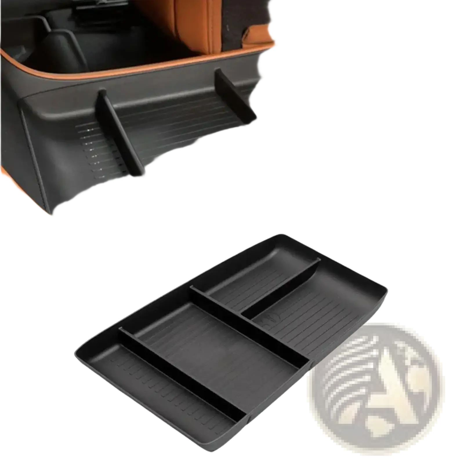 Black plastic car console organizer tray with multiple compartments and textured ABS storage box surfaces