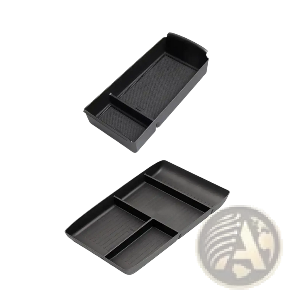Black plastic car console organizer tray made of abs with divided compartments for efficient storage and organization