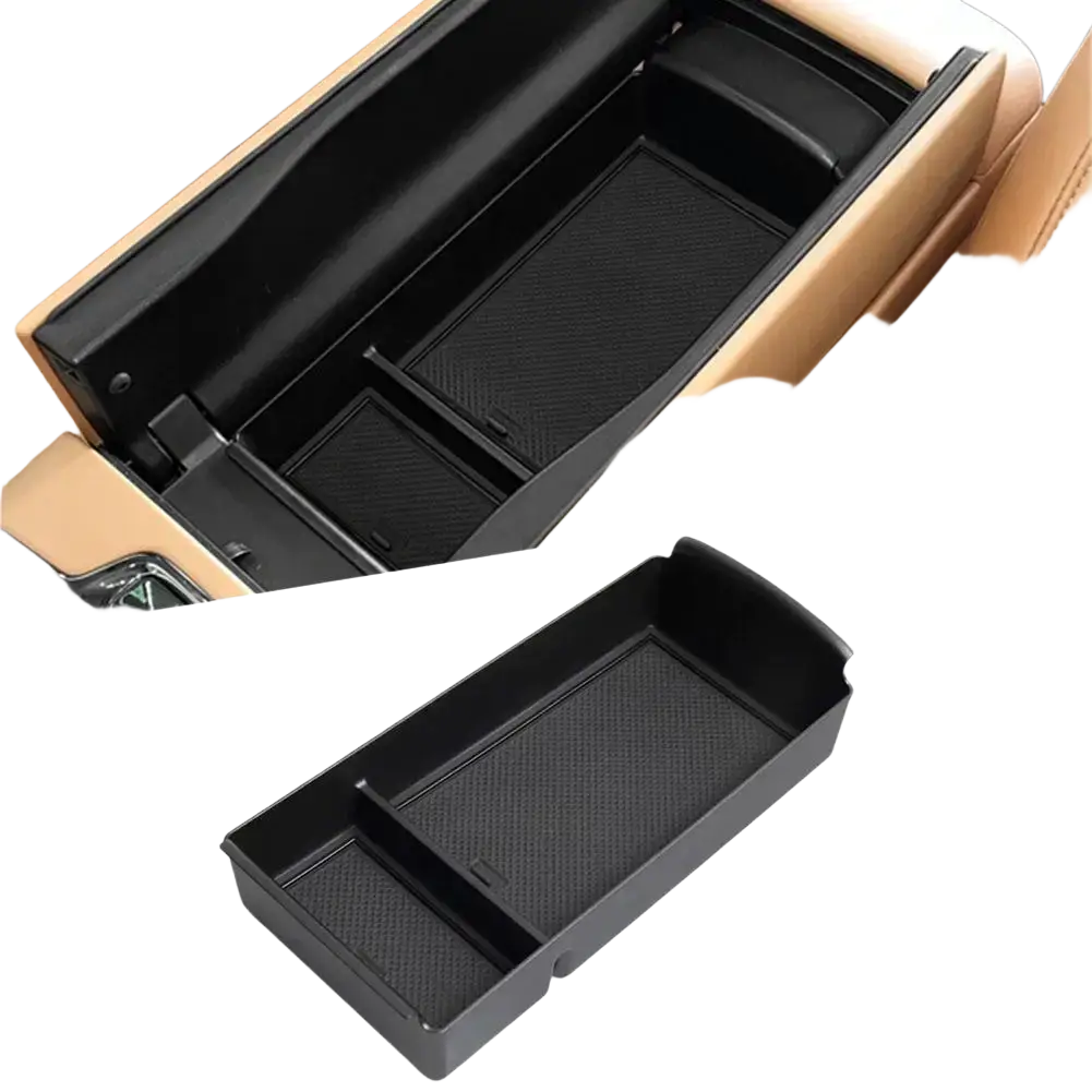Black plastic car console organizer tray with textured abs interior compartments for efficient storage use
