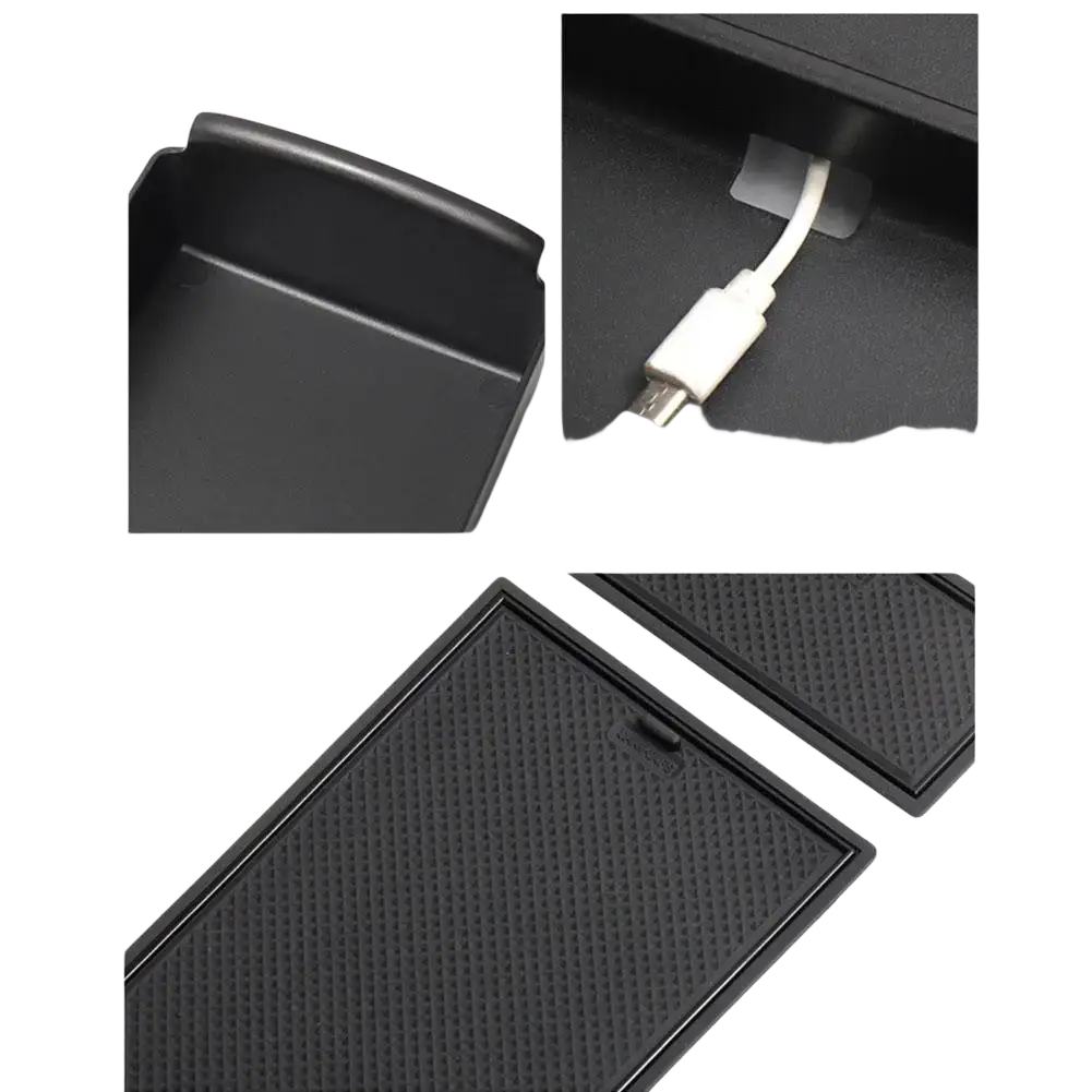 Black abs plastic car console organizer tray with textured surface and integrated usb port for storage and convenience