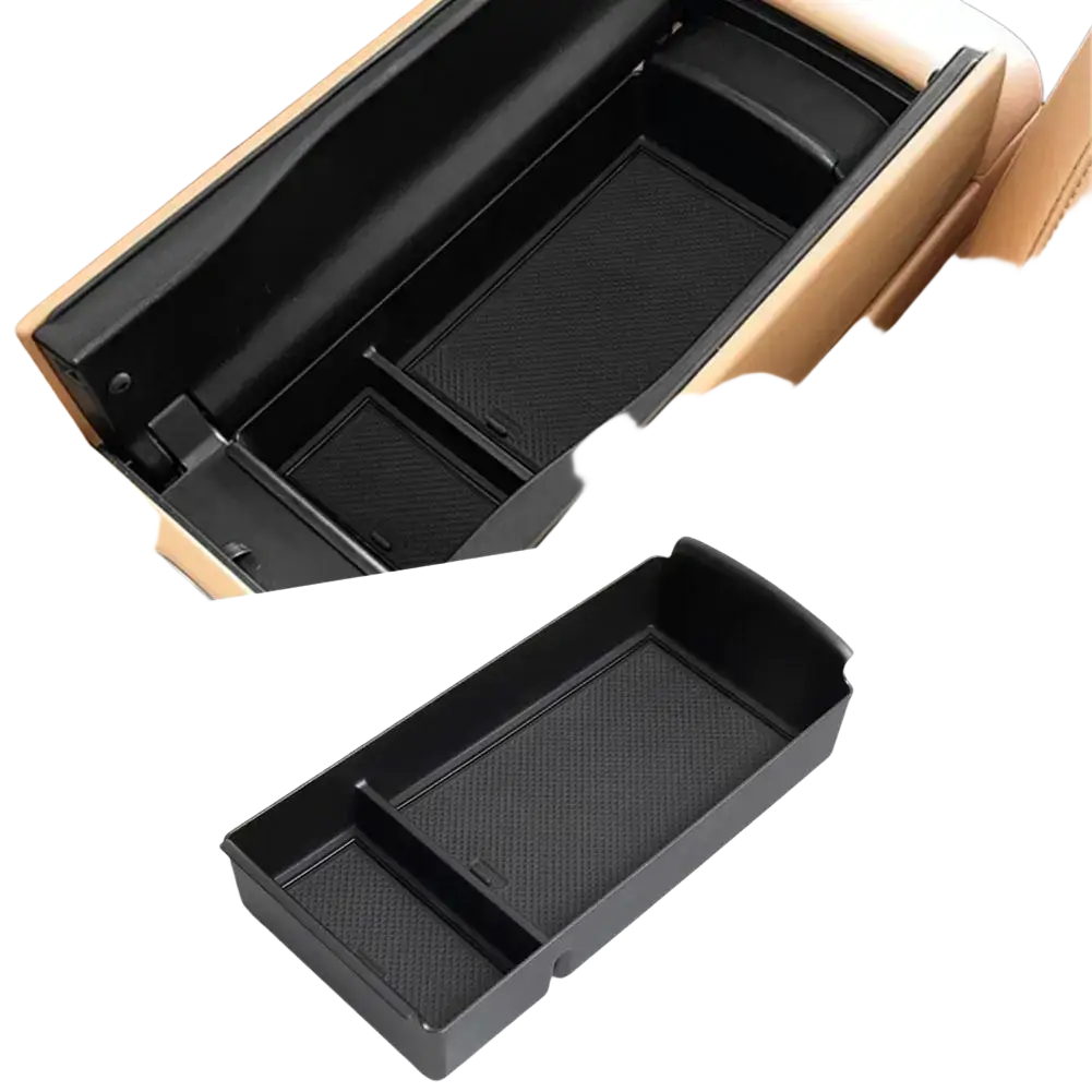 Black plastic car console organizer tray with textured abs compartments for storage and organization