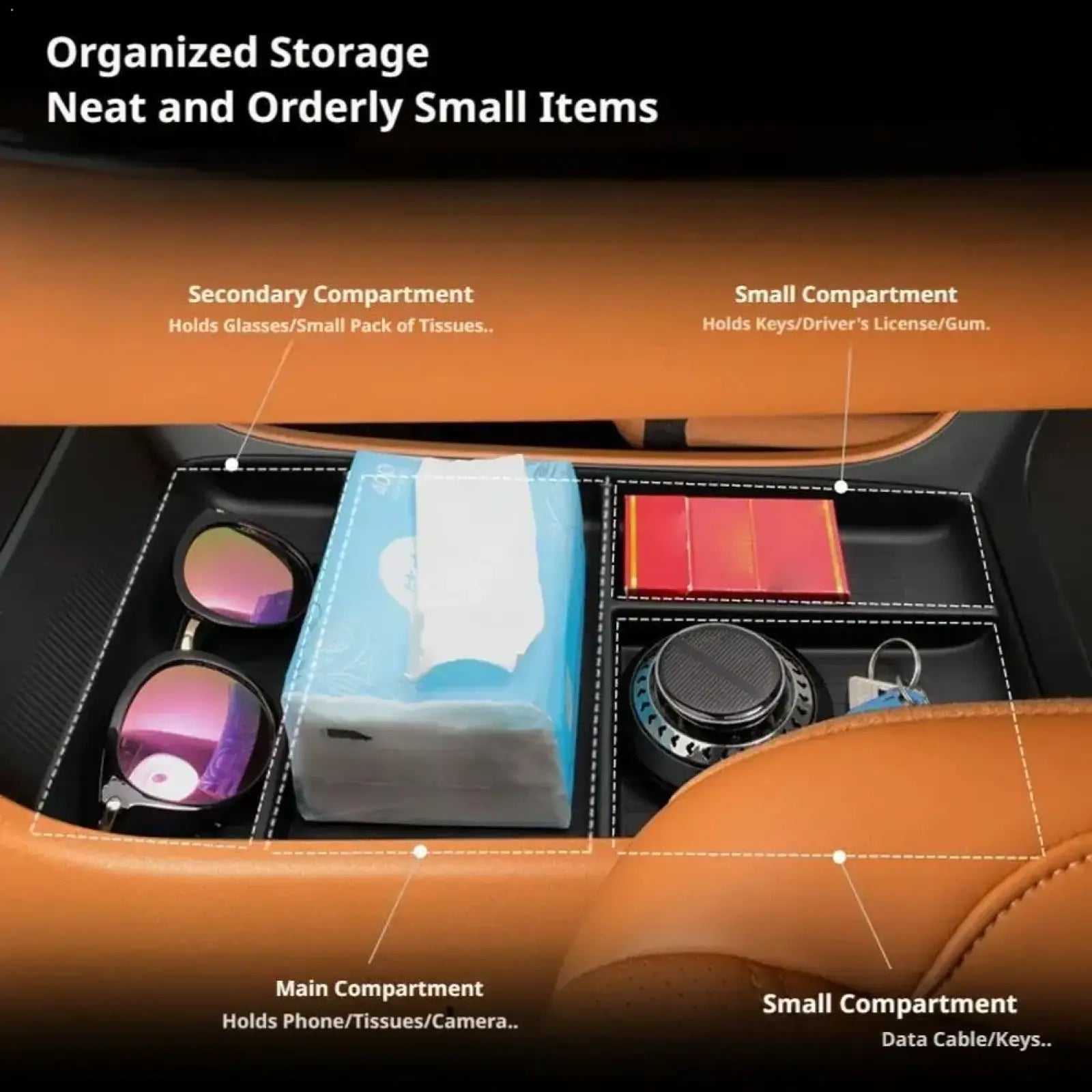 Black plastic abs car console organizer tray with multiple compartments for neatly storing small items