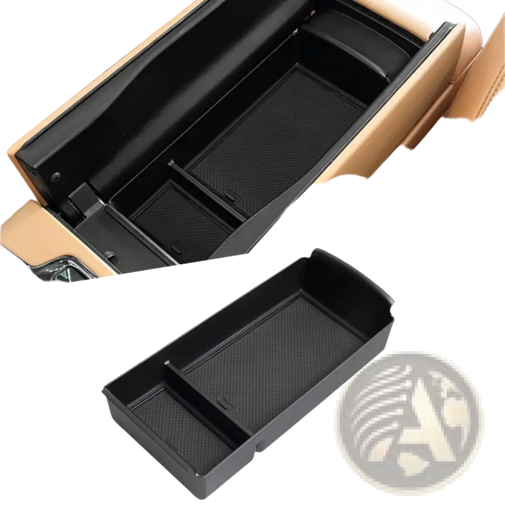 Black plastic car console organizer tray with textured abs interior compartments for efficient storage use
