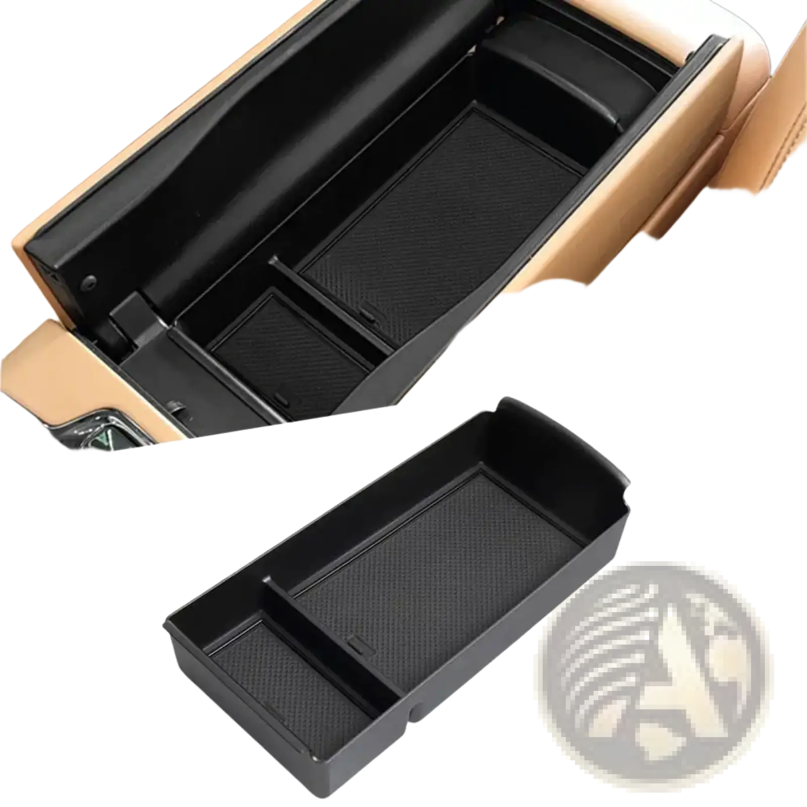 Black plastic car console organizer tray with textured abs interior compartments for efficient storage use