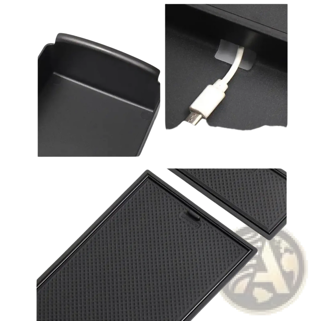 Black abs plastic car console organizer tray with textured surface and integrated usb port for storage and convenience