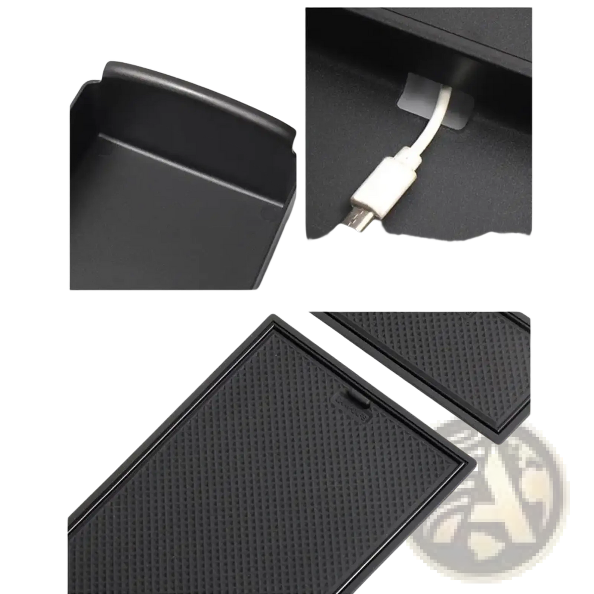 Black abs plastic car console organizer tray with textured surface and integrated usb port for storage and convenience