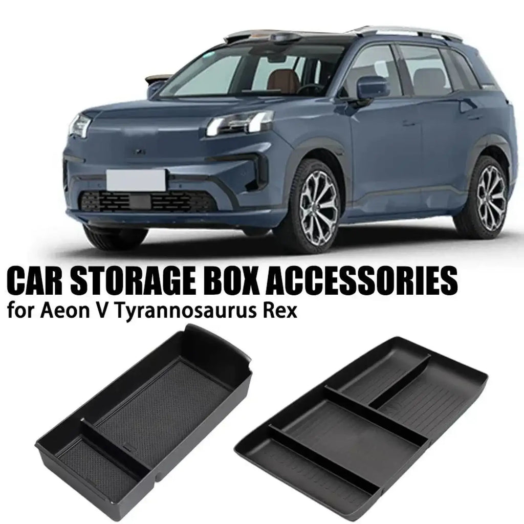 Black plastic car console organizer tray with divided compartments and textured abs storage box surfaces