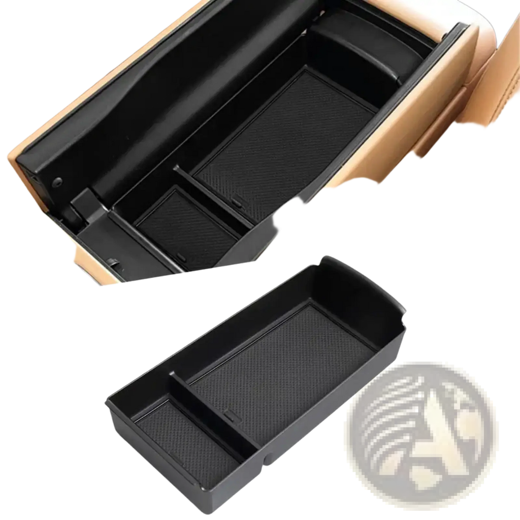 Black plastic car console organizer tray with textured abs compartments for storage and organization