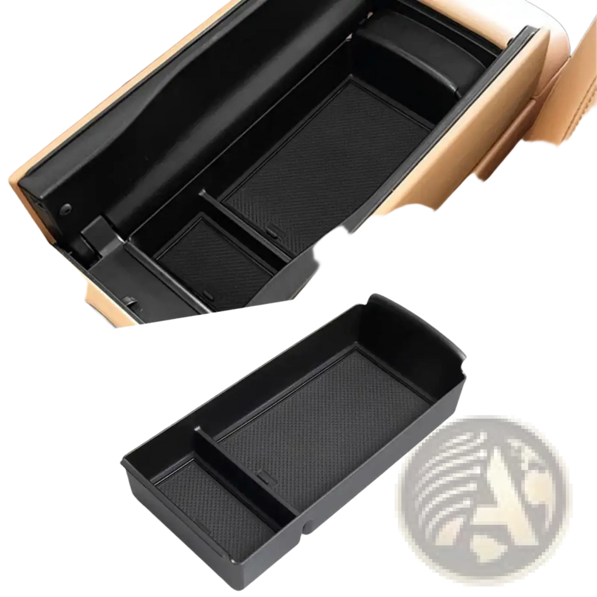 Black plastic car console organizer tray with textured abs compartments for storage and organization