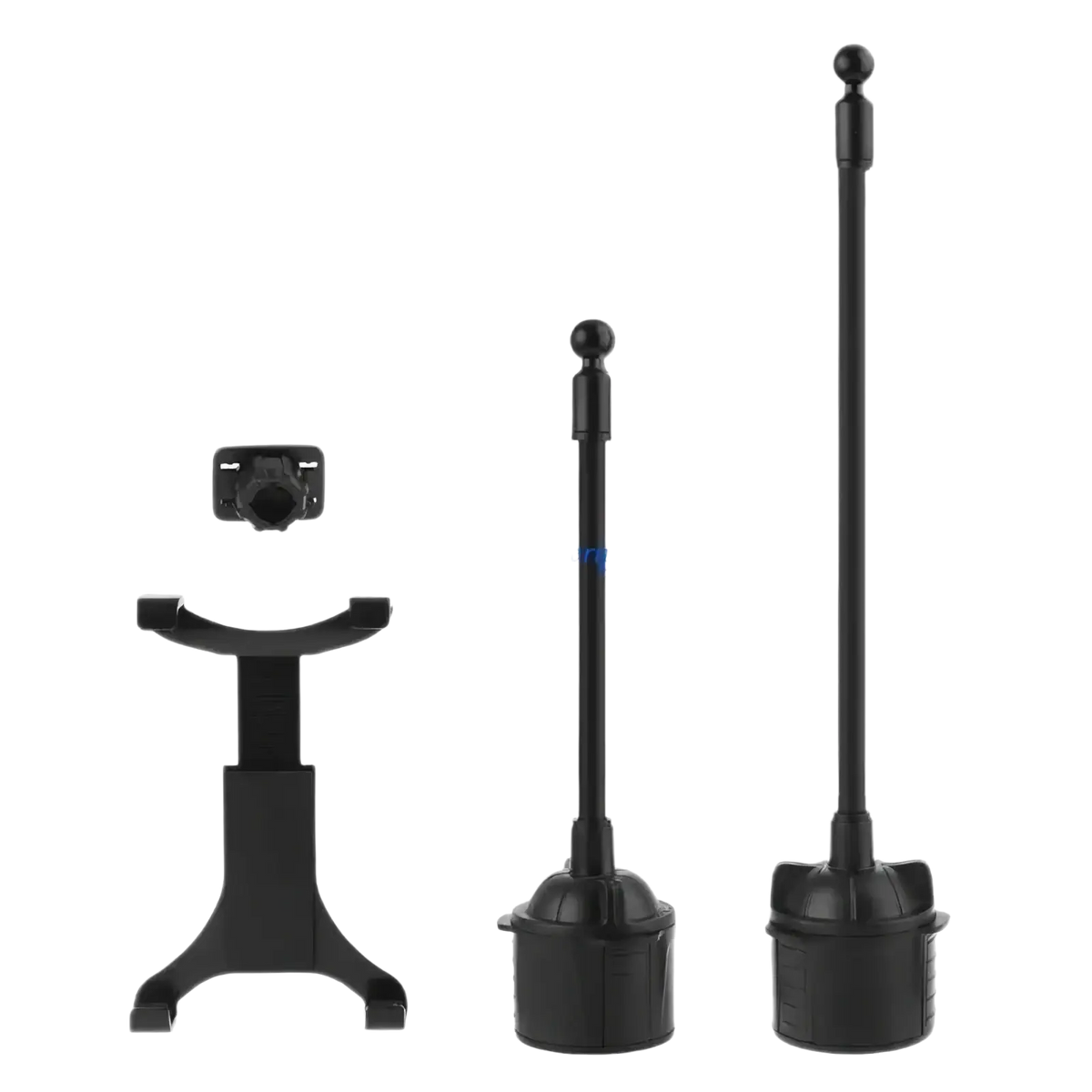 Black plastic car cup holder tablet mount with adjustable height and ball joint for 7 to 12 inch devices