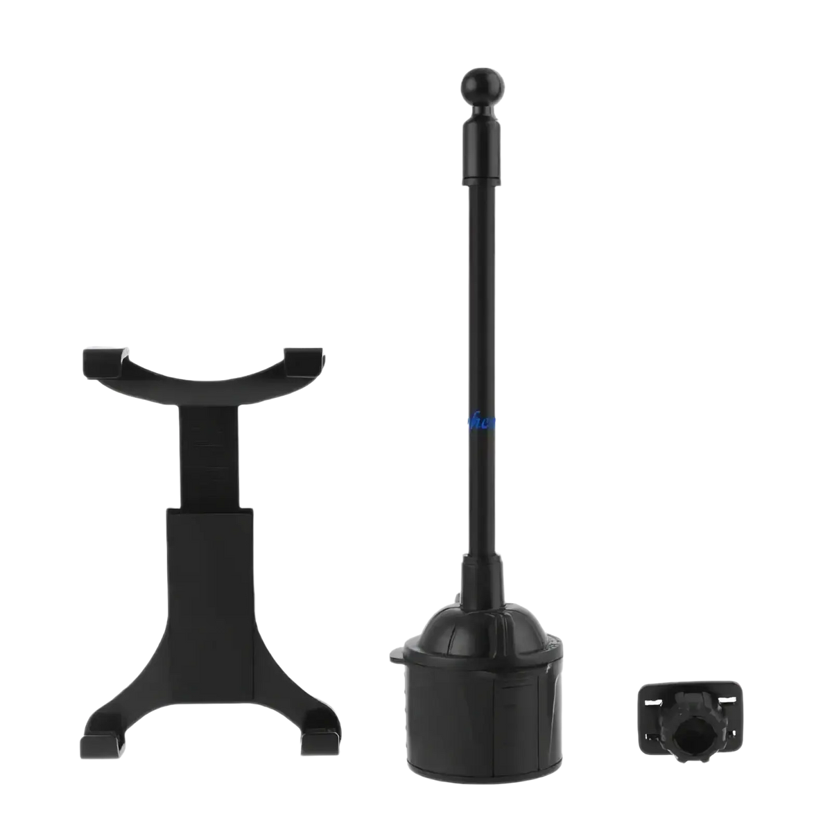 Black plastic car cup holder tablet mount with adjustable arm for 7 to 12 inch devices shown from back side